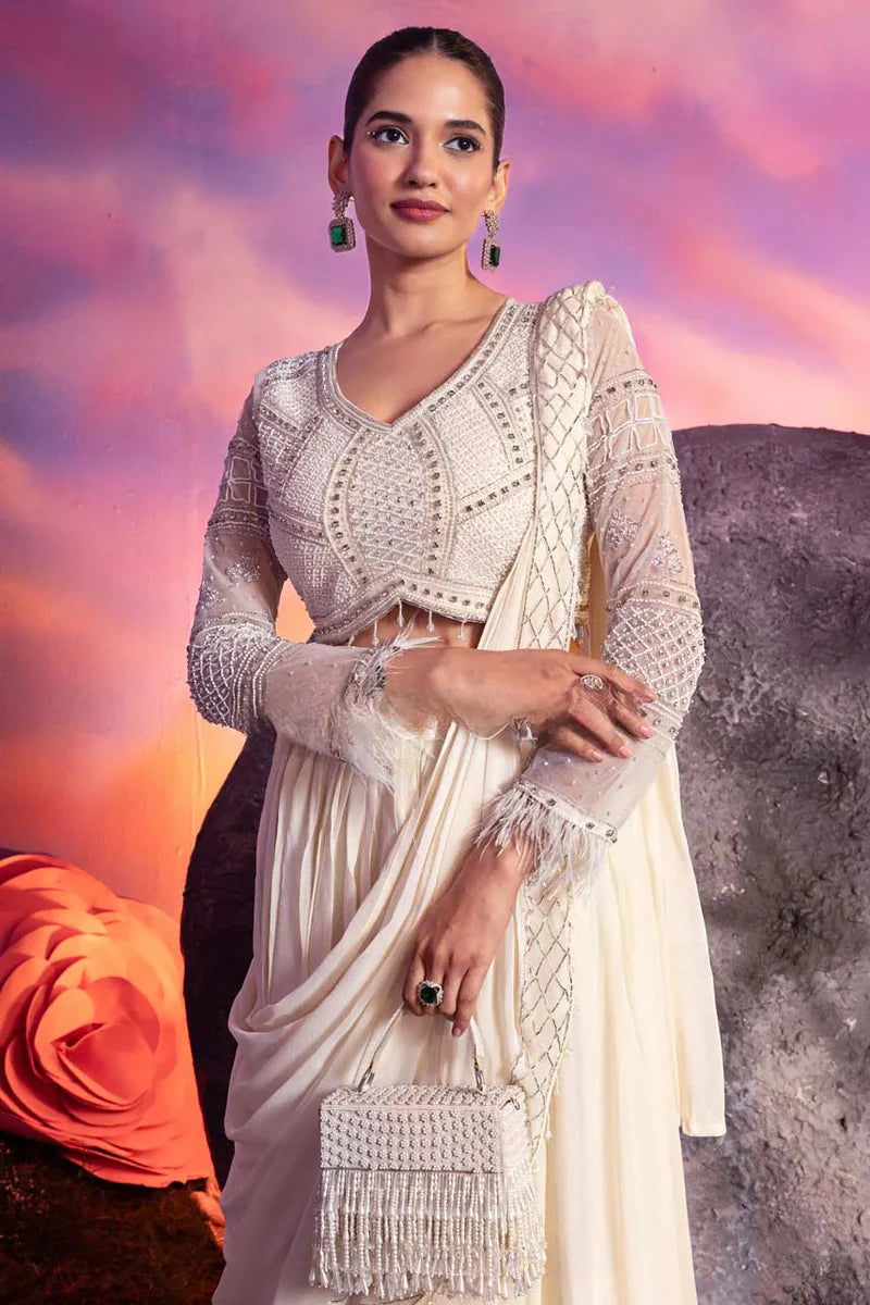 Ivory-Embellished Draped Lehenga Set