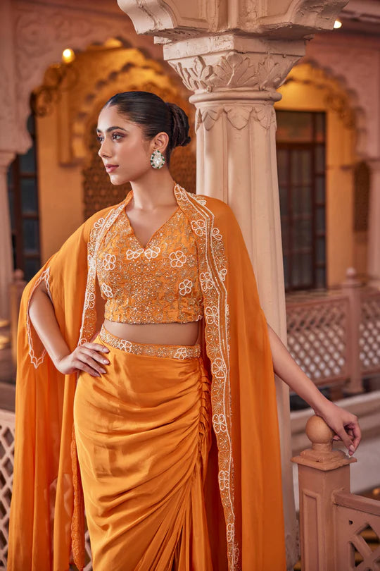 Orange Embellished Crepe Cape Set