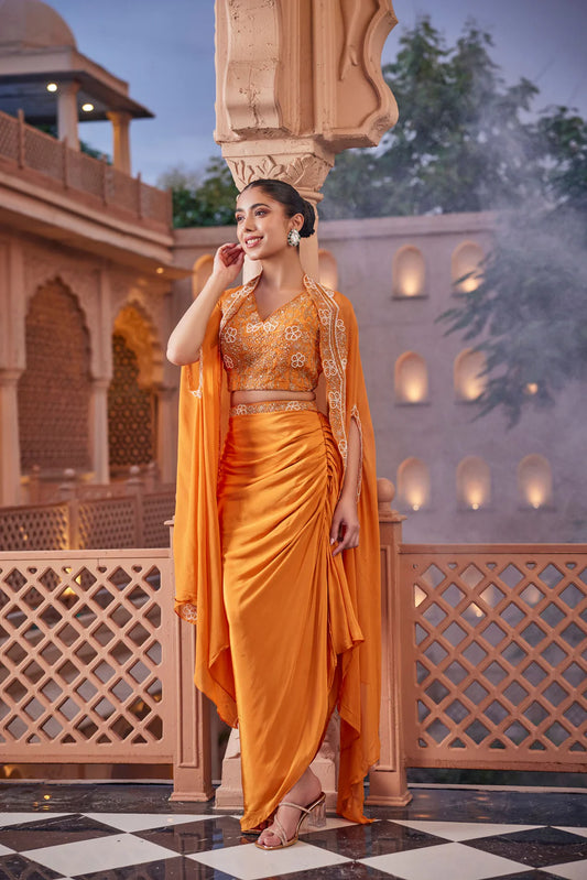 Orange Embellished Crepe Cape Set