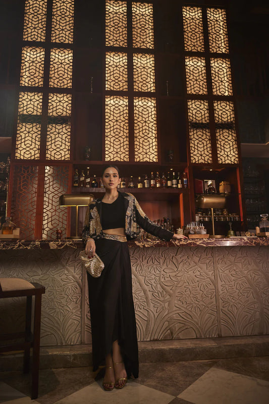 Artisan-Embroidered Black Pleated Cowl Skirt & Bustier Top Set