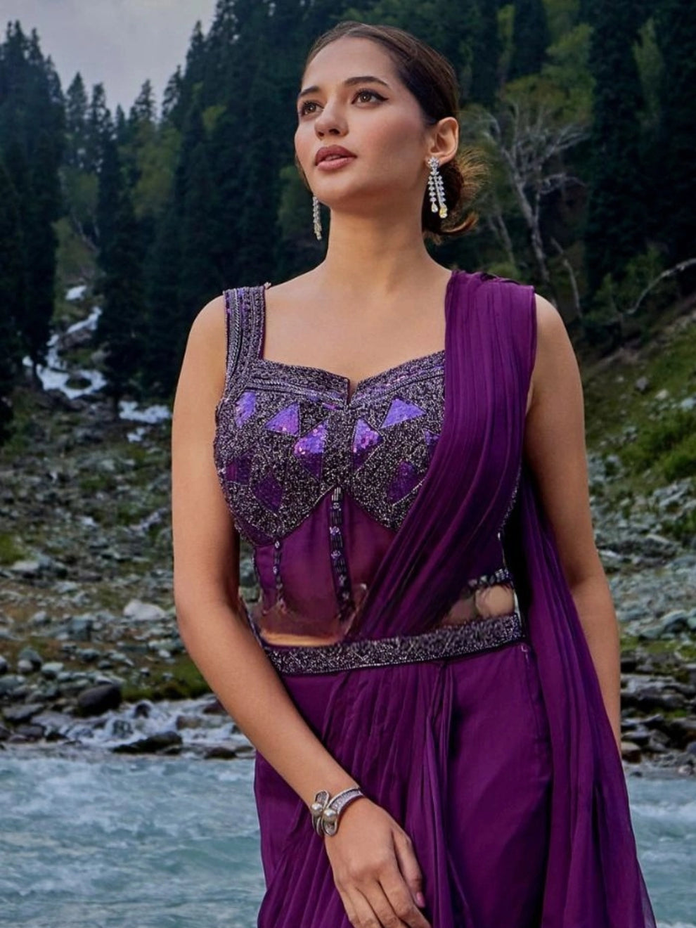 Gazal Purple Drape Saree with Side Cut