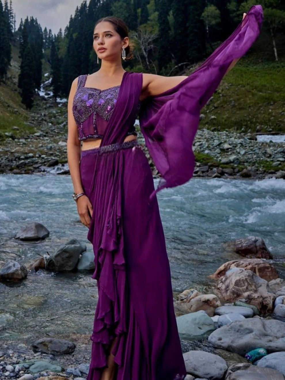 Gazal Purple Drape Saree with Side Cut
