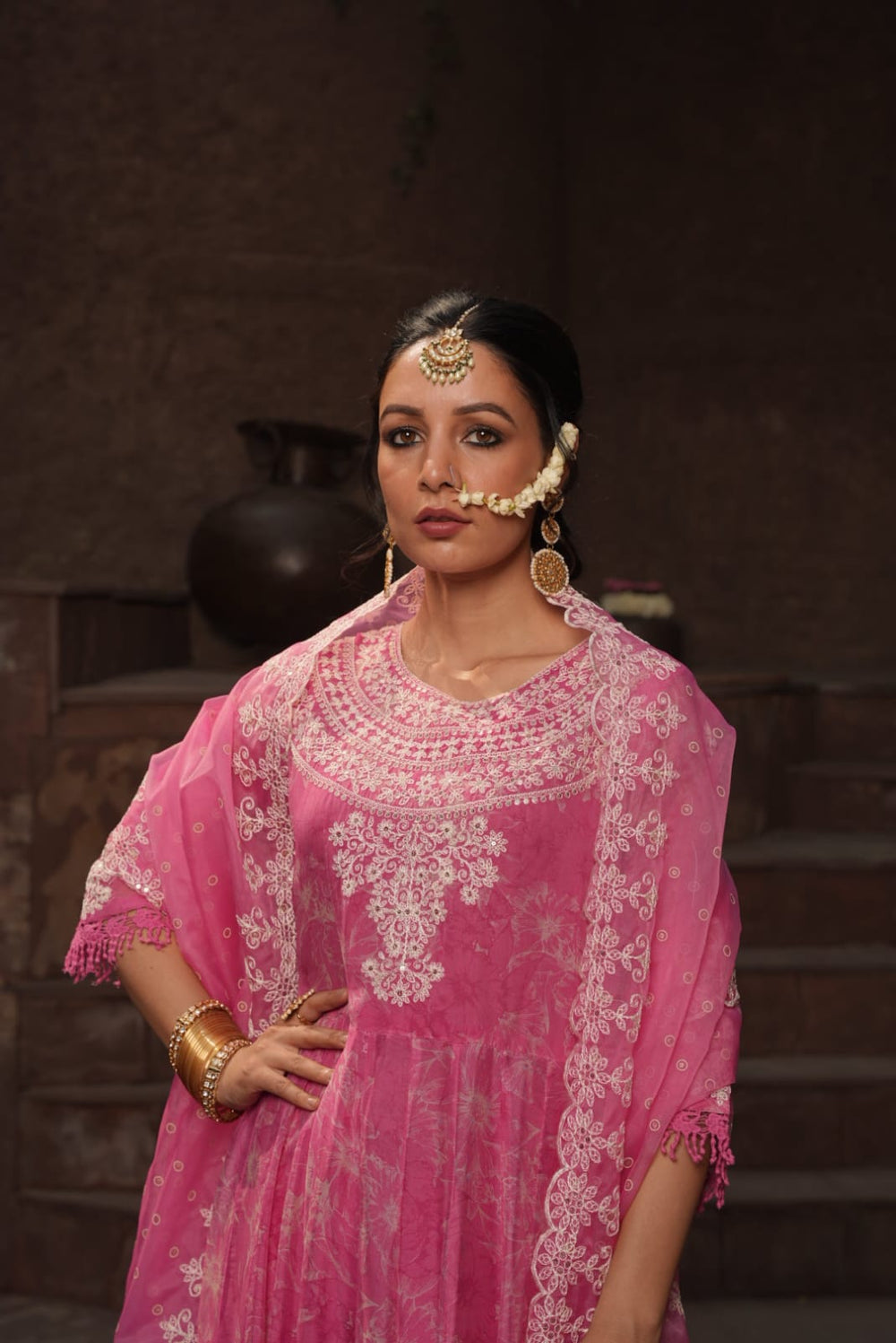 Pink Embroidered Premium Organza Silk Anarkali Set