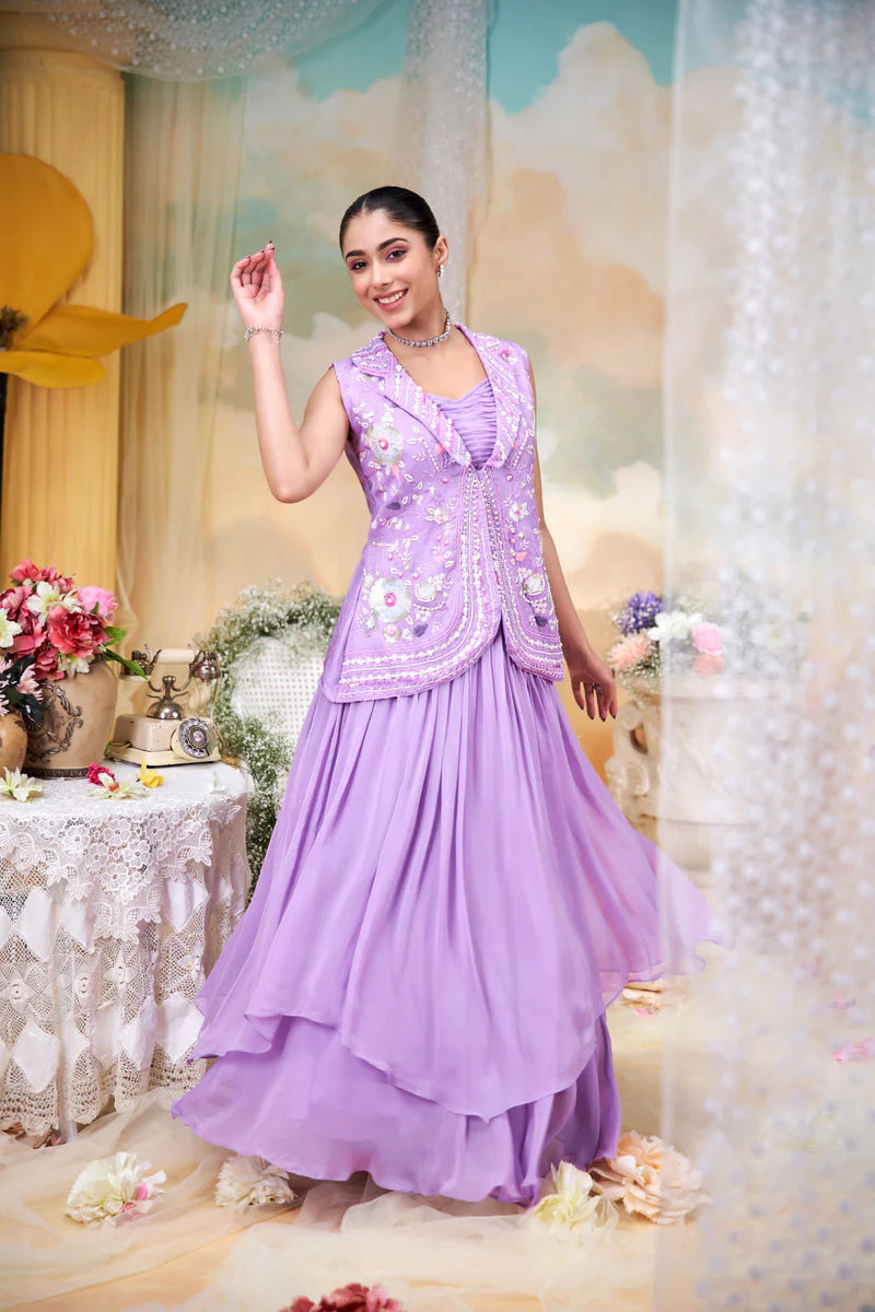 Lavender Grace Layered Gown with Handcrafted Jacket