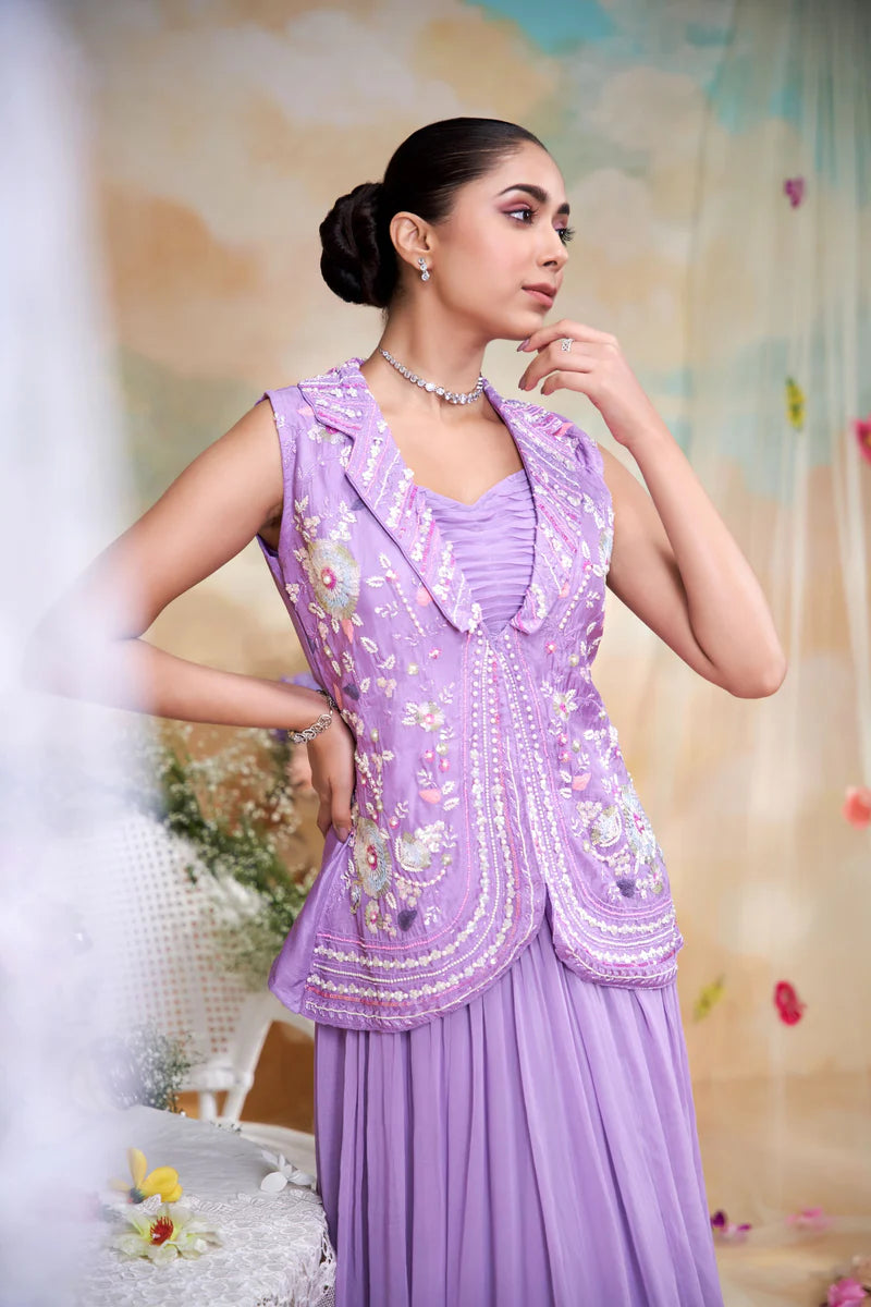 Lavender Grace Layered Gown with Handcrafted Jacket