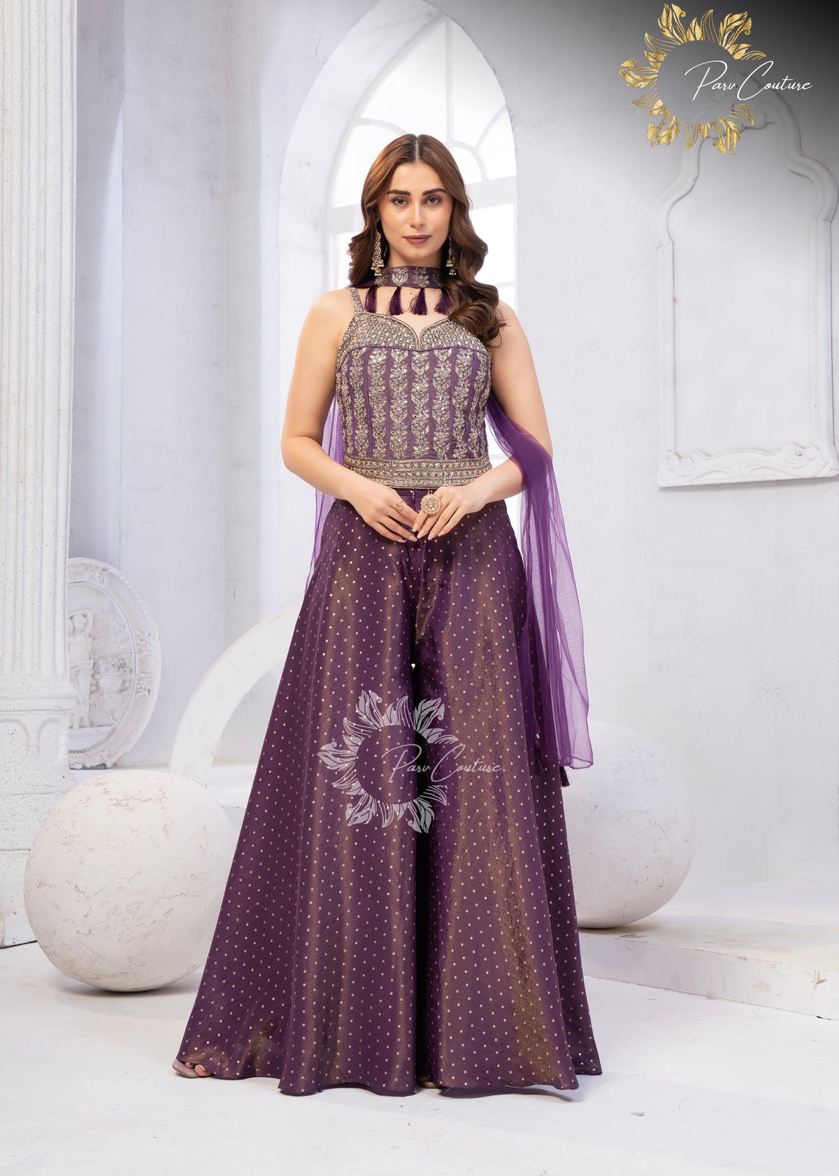 Gulnaar Purple & Olive Embroidered Festive Palazzo Set