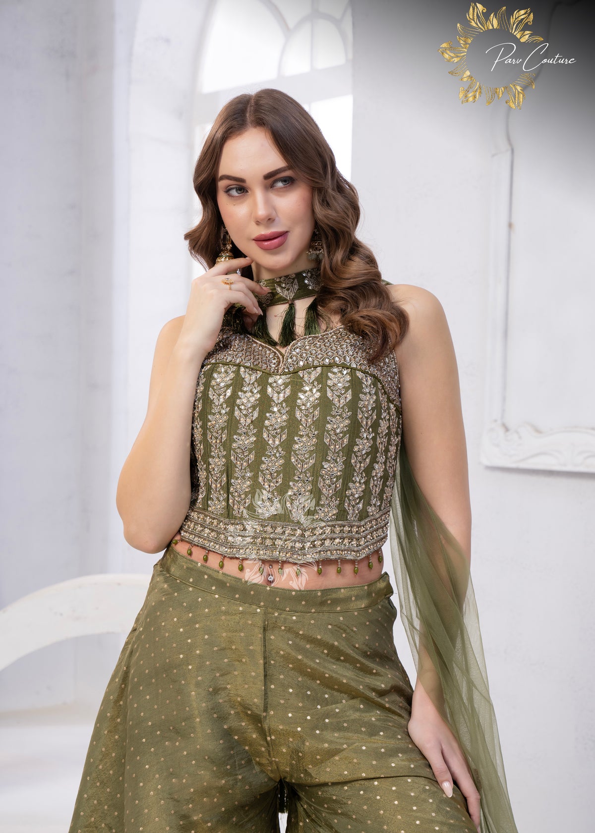 Gulnaar Purple & Olive Embroidered Festive Palazzo Set