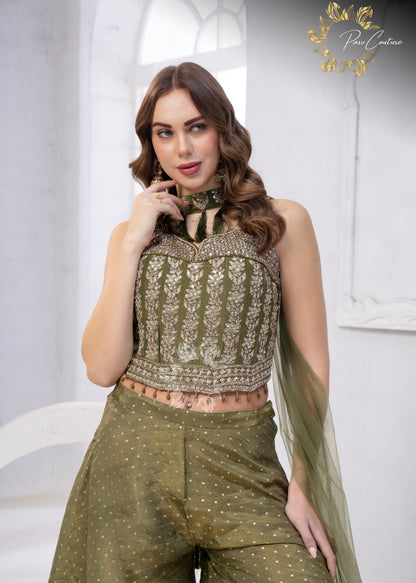 Gulnaar Purple & Olive Embroidered Festive Palazzo Set