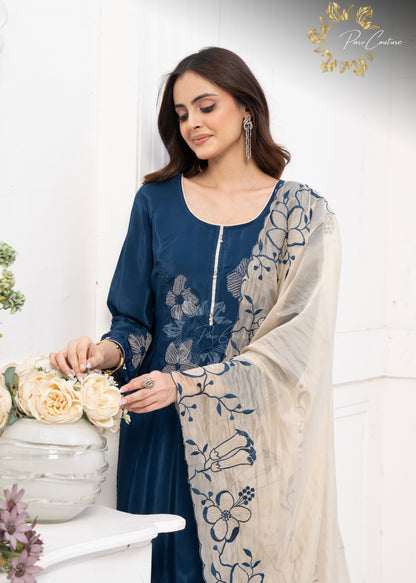 Midnight Bloom Navy Blue Embroidered Farshi Suit