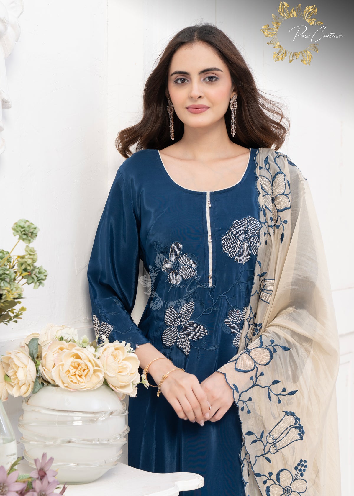 Midnight Bloom Navy Blue Embroidered Farshi Suit