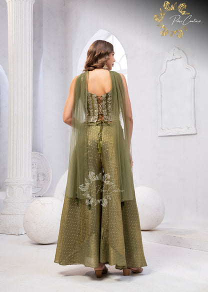 Gulnaar Purple & Olive Embroidered Festive Palazzo Set