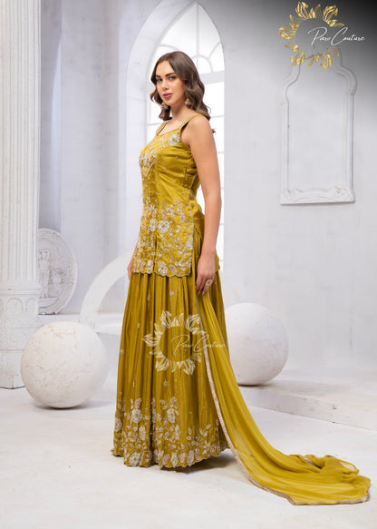 Mustard Bloom Embroidered Skirt Set
