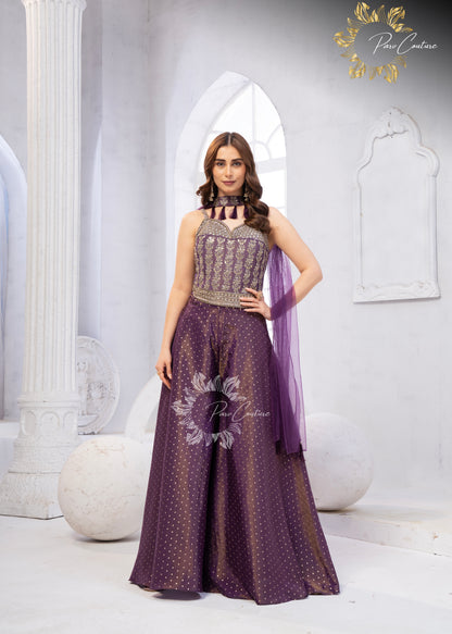 Gulnaar Purple & Olive Embroidered Festive Palazzo Set