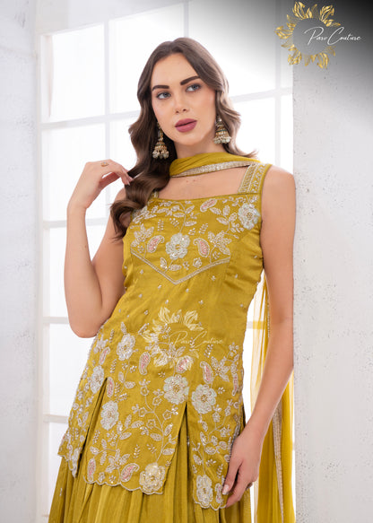 Mustard Bloom Embroidered Skirt Set