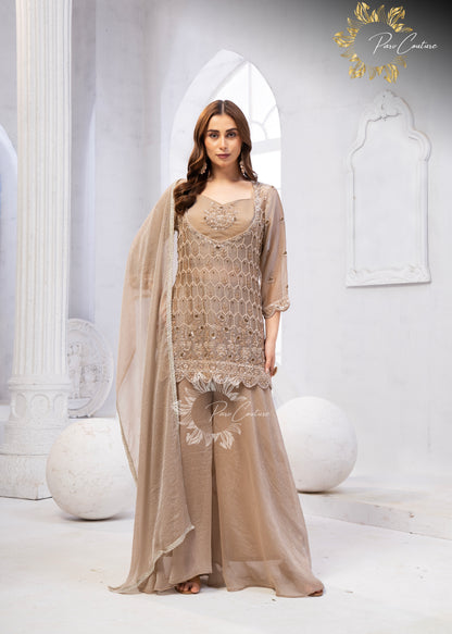 Taupe Luxe Embroidered Sharara Suit