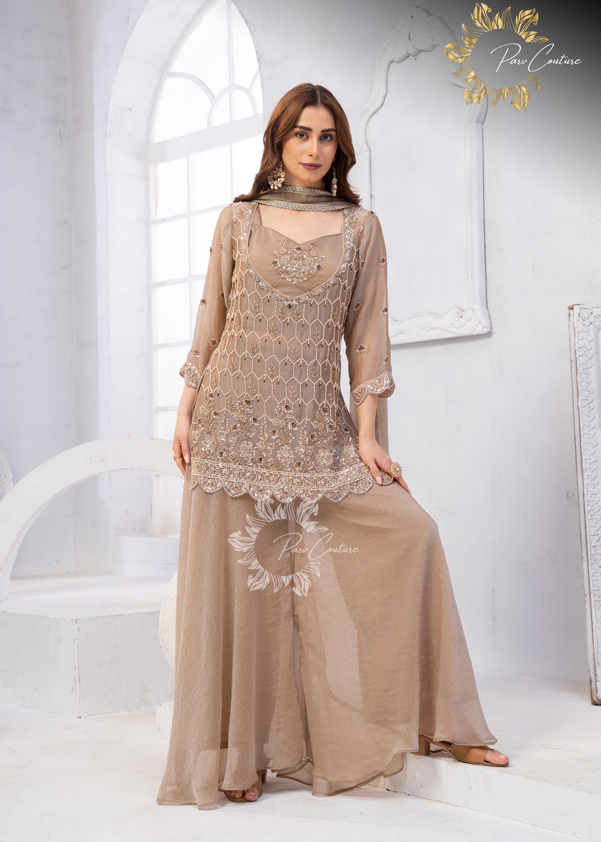 Taupe Luxe Embroidered Sharara Suit