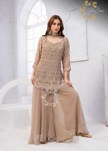 Taupe Luxe Embroidered Sharara Suit