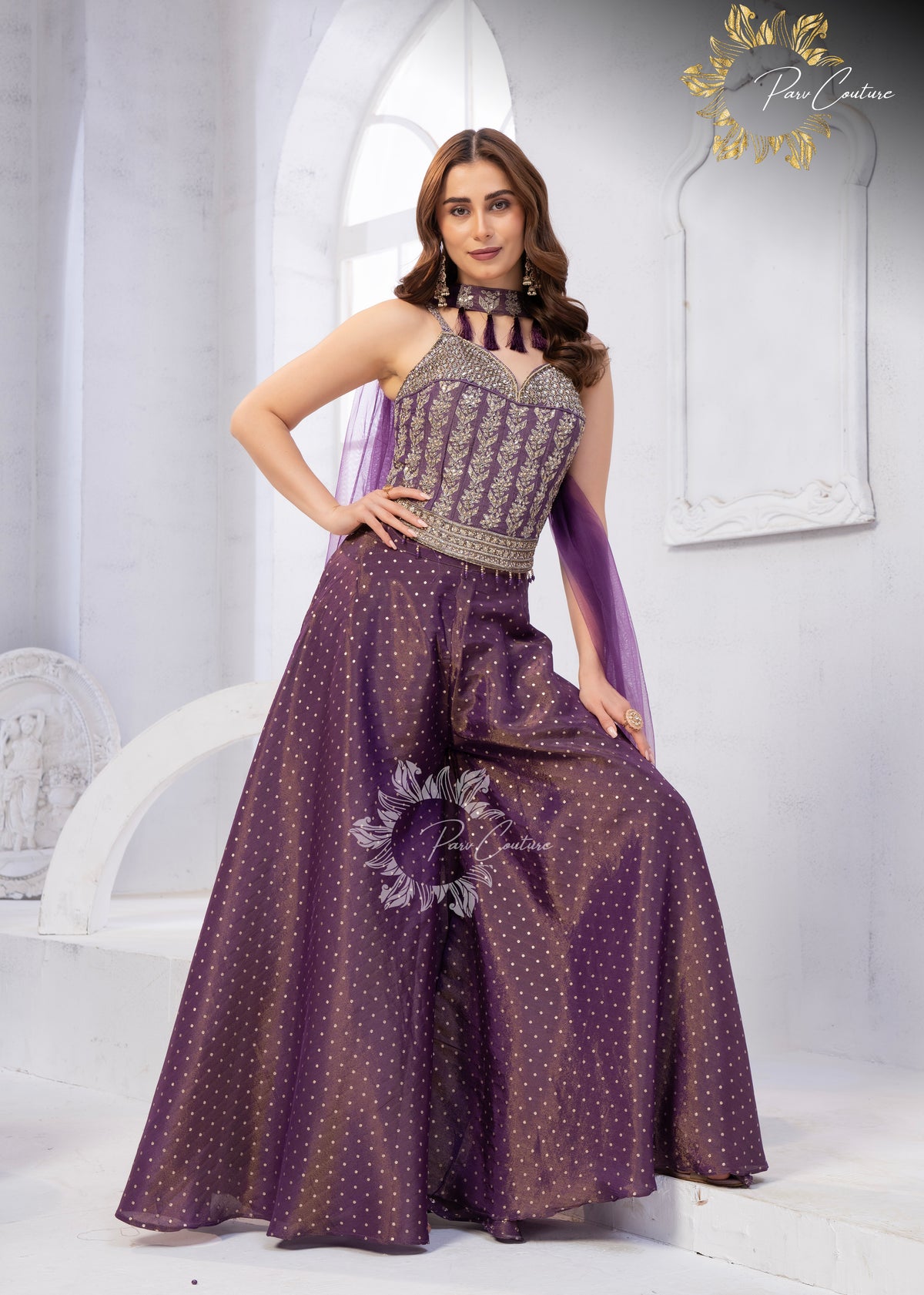 Gulnaar Purple & Olive Embroidered Festive Palazzo Set