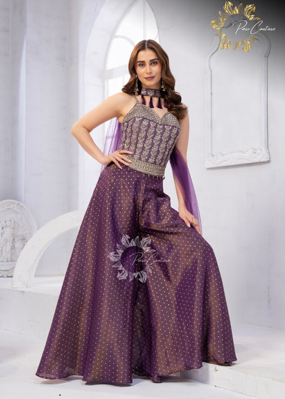 Gulnaar Purple & Olive Embroidered Festive Palazzo Set