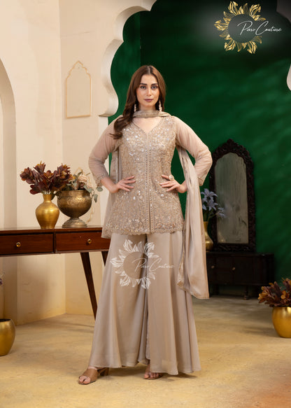 Champagne Luxe Embroidered Palazzo Suit