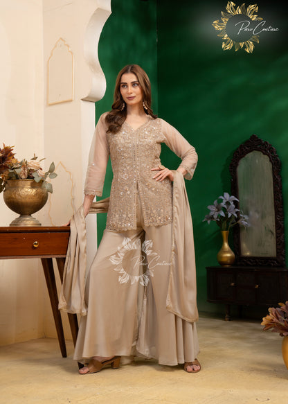 Champagne Luxe Embroidered Palazzo Suit