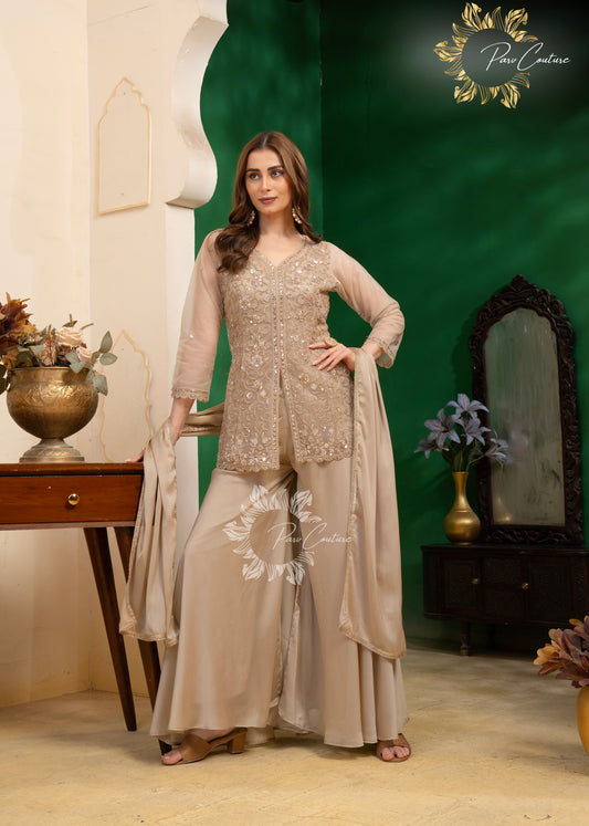 Champagne Luxe Embroidered Palazzo Suit