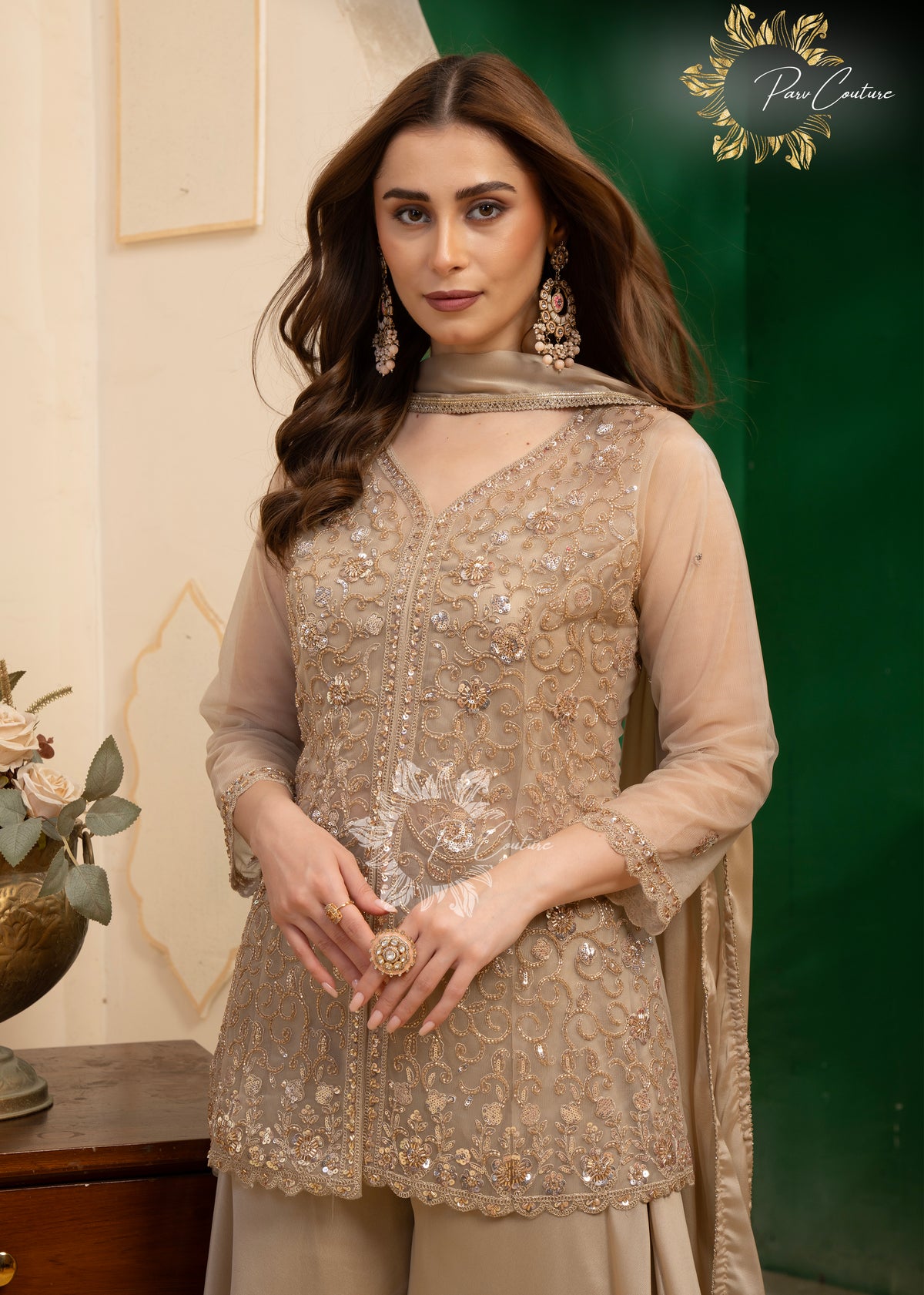 Champagne Luxe Embroidered Palazzo Suit