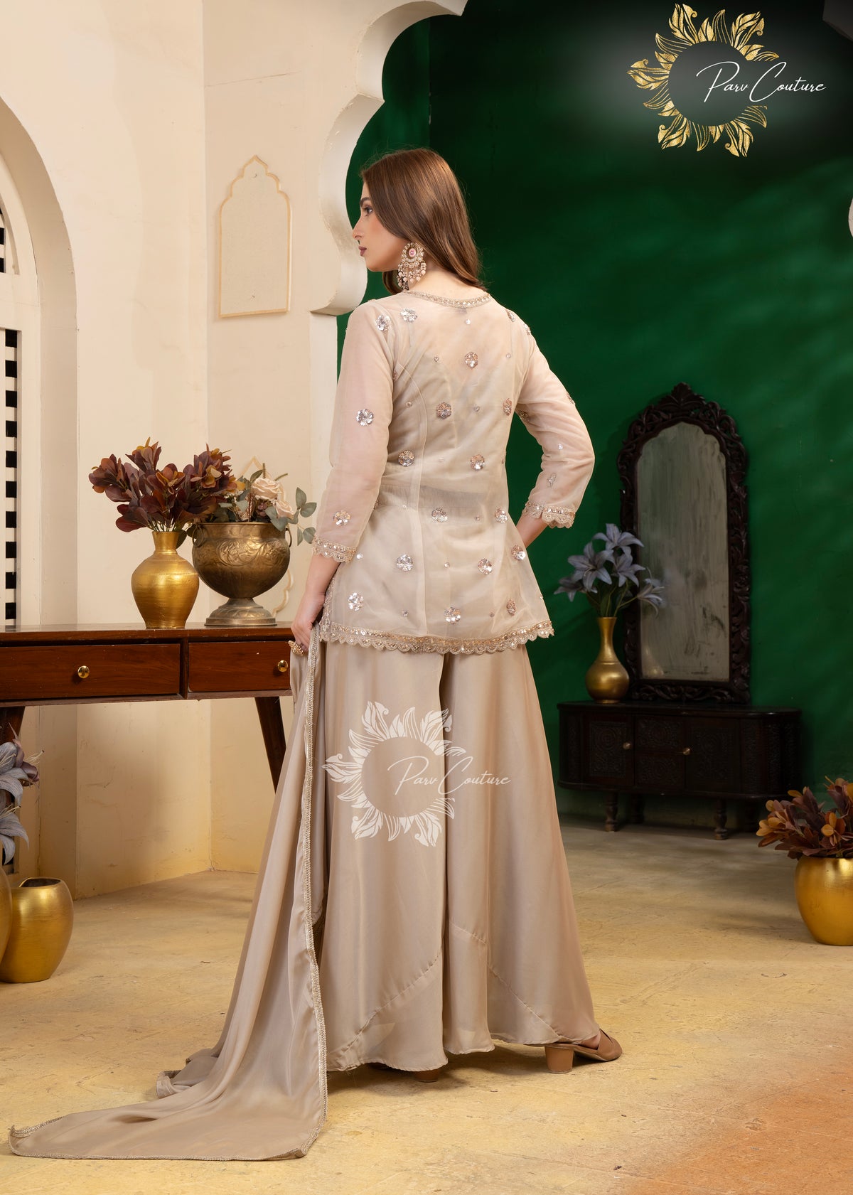 Champagne Luxe Embroidered Palazzo Suit