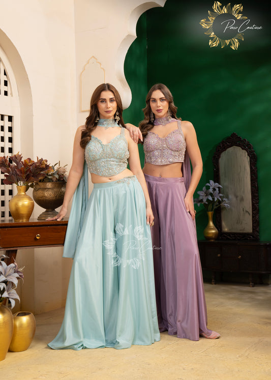 Aqua Mist & Lilac Embroidered Corset Sharara Set
