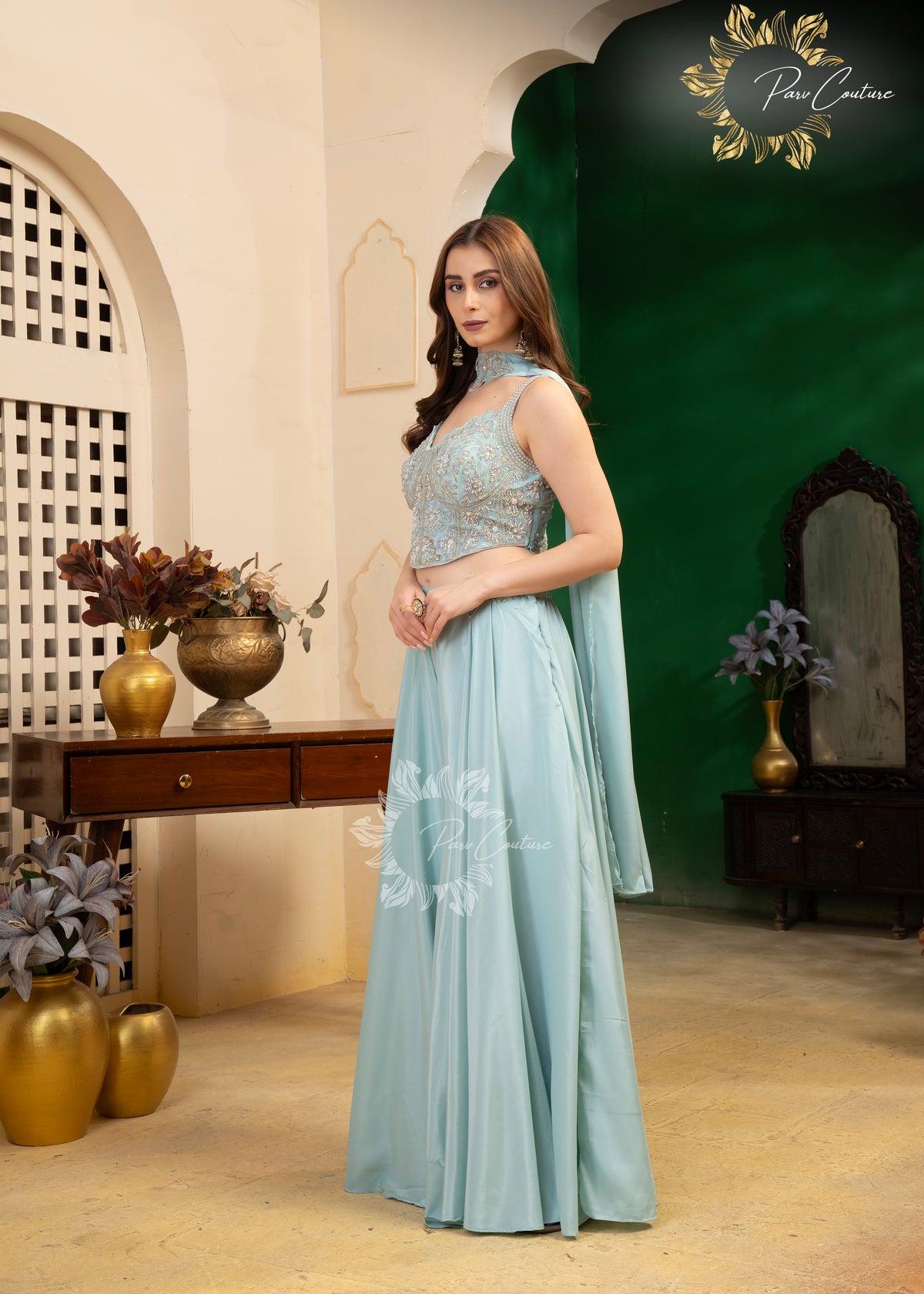 Aqua Mist Embroidered Corset Sharara Set