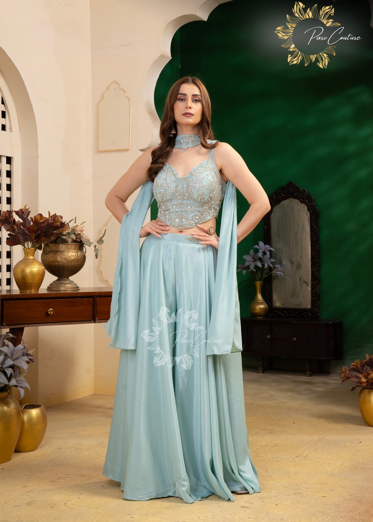 Aqua Mist Embroidered Corset Sharara Set