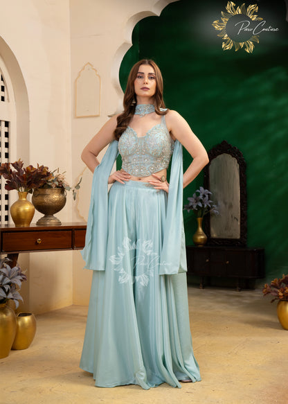 Aqua Mist Embroidered Corset Sharara Set