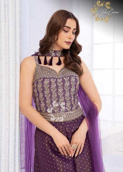 Gulnaar Purple & Olive Embroidered Festive Palazzo Set