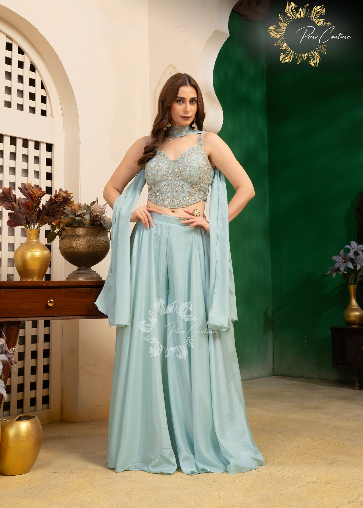 Aqua Mist Embroidered Corset Sharara Set
