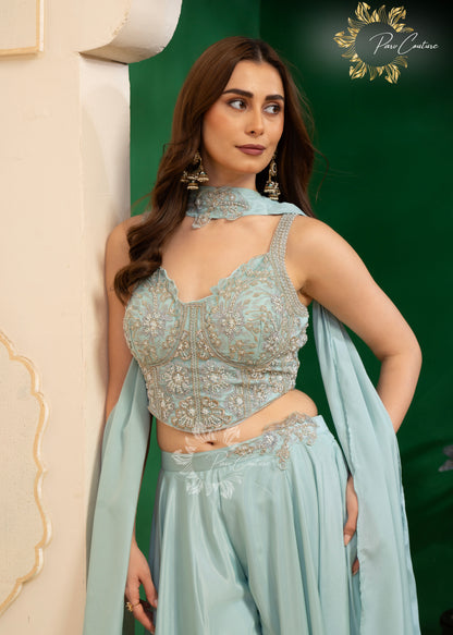Aqua Mist Embroidered Corset Sharara Set