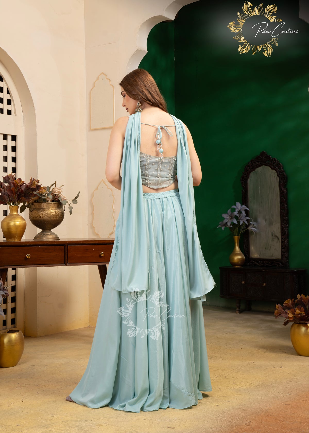 Aqua Mist Embroidered Corset Sharara Set
