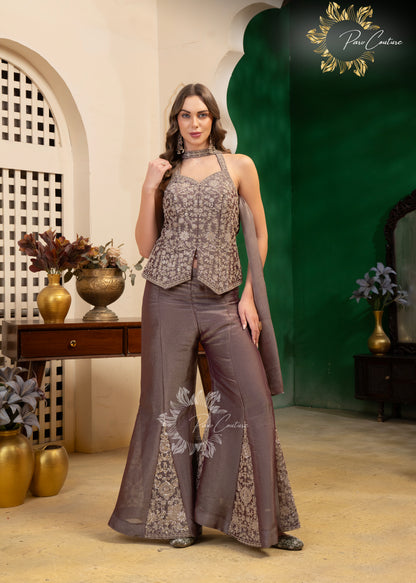 Sage Zari Embroidered Halter Palazzo Set
