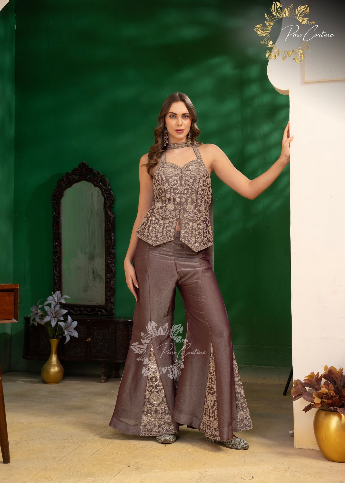 Sage Zari Embroidered Halter Palazzo Set