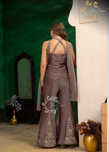 Sage Zari Embroidered Halter Palazzo Set