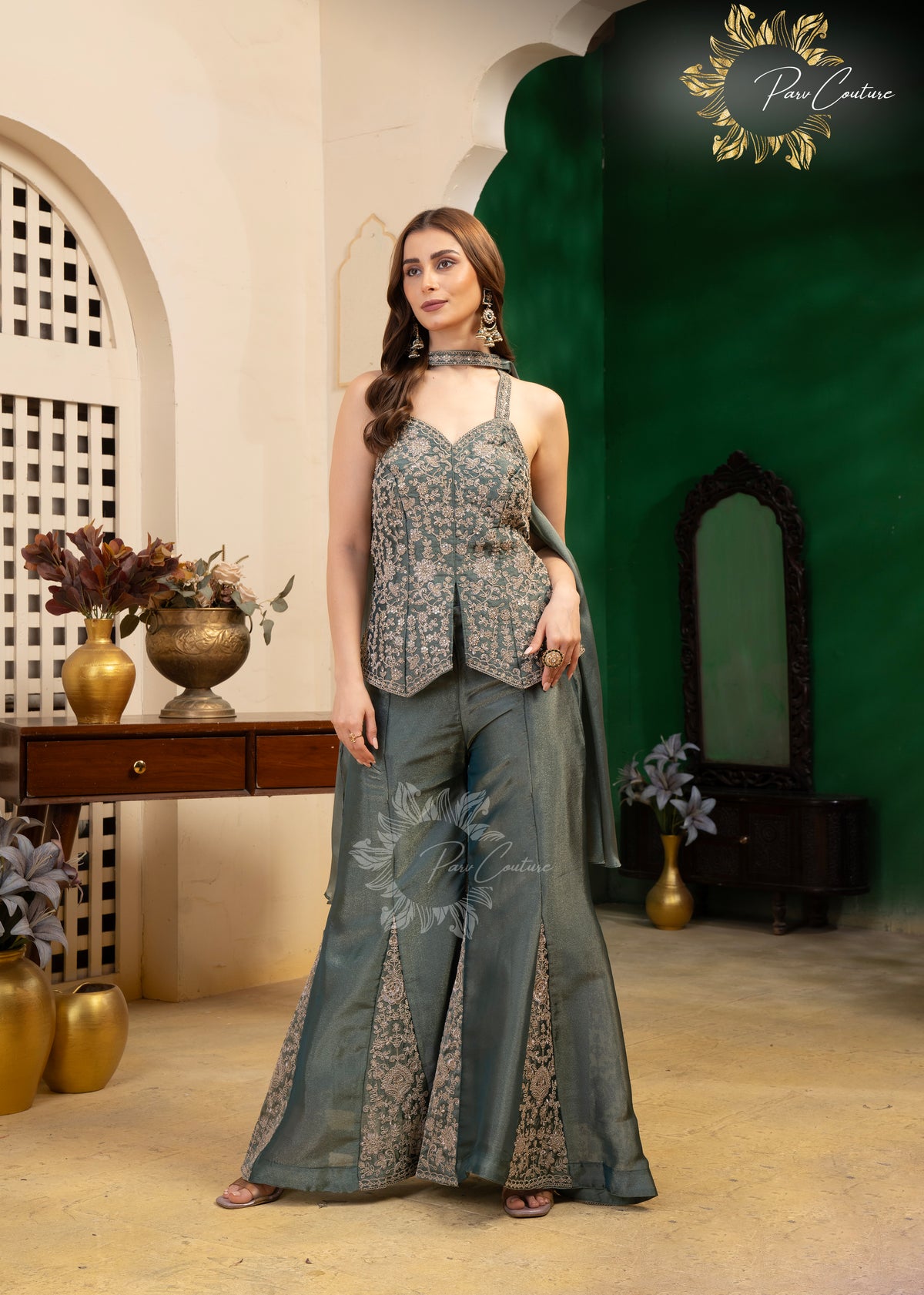 Sage Zari Embroidered Halter Palazzo Set