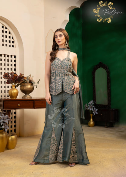 Sage Zari Embroidered Halter Palazzo Set