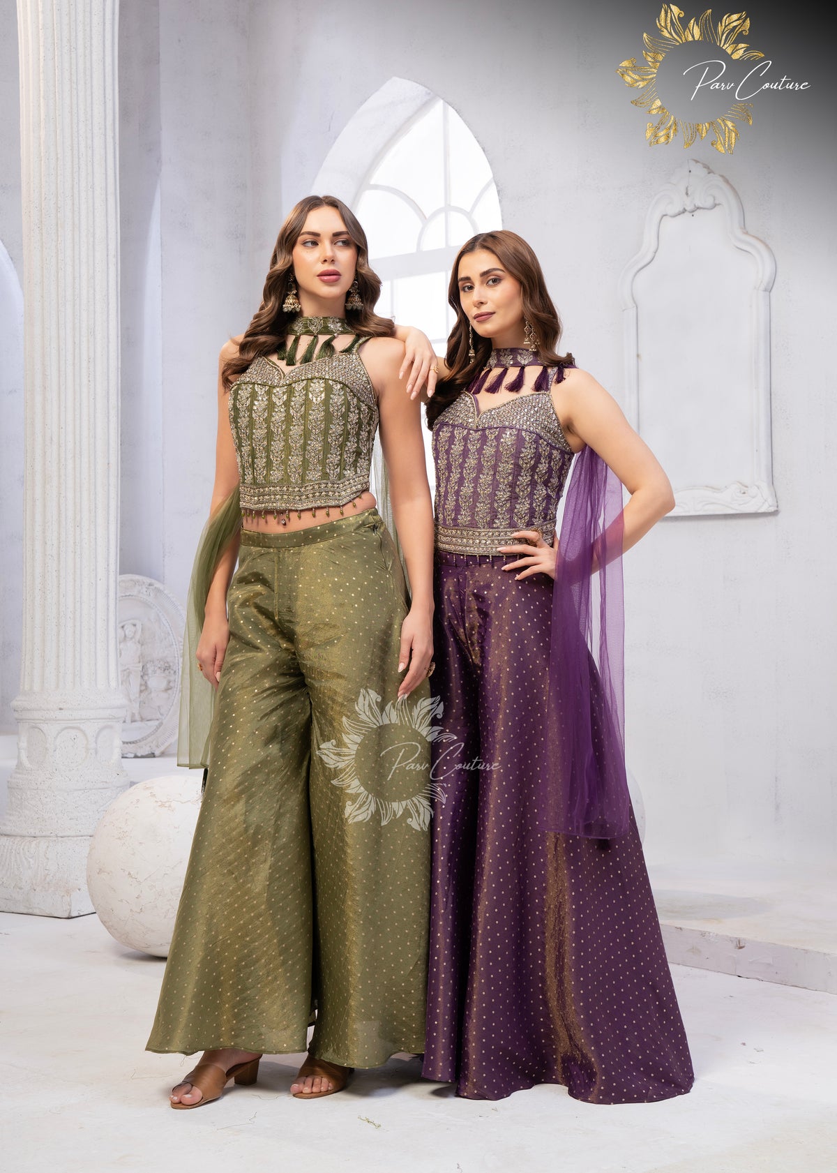 Gulnaar Purple & Olive Embroidered Festive Palazzo Set