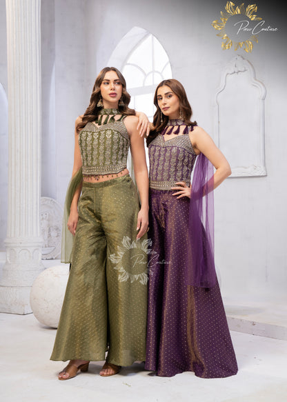 Gulnaar Purple & Olive Embroidered Festive Palazzo Set