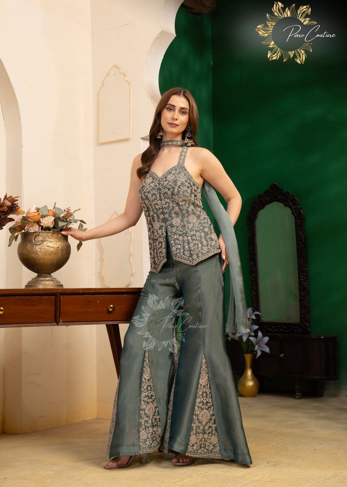 Sage Zari Embroidered Halter Palazzo Set