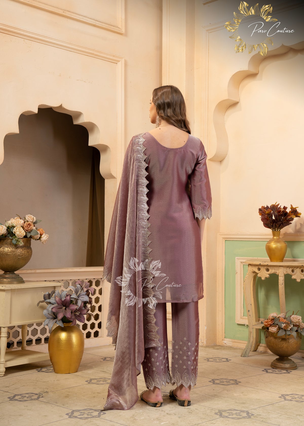 Aaira Mauve & Olive Embroidered Suit