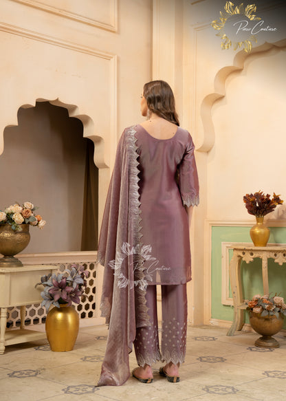 Aaira Mauve & Olive Embroidered Suit