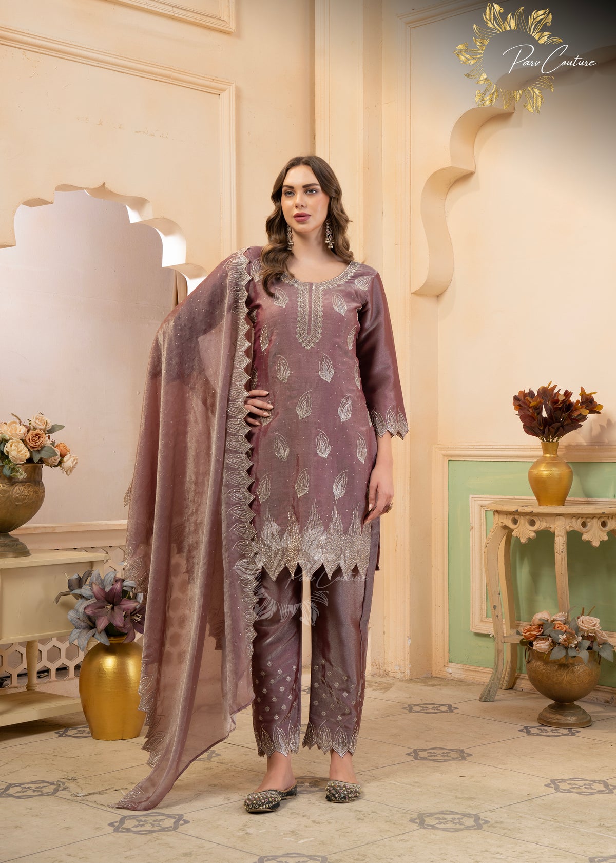 Aaira Mauve & Olive Embroidered Suit
