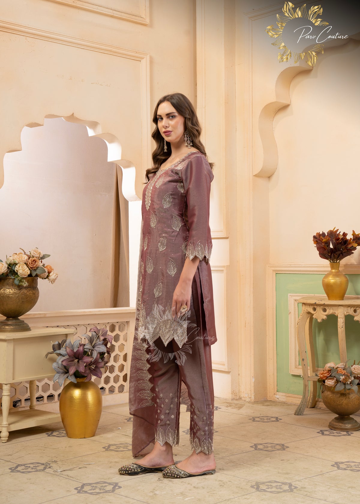 Aaira Mauve & Olive Embroidered Suit