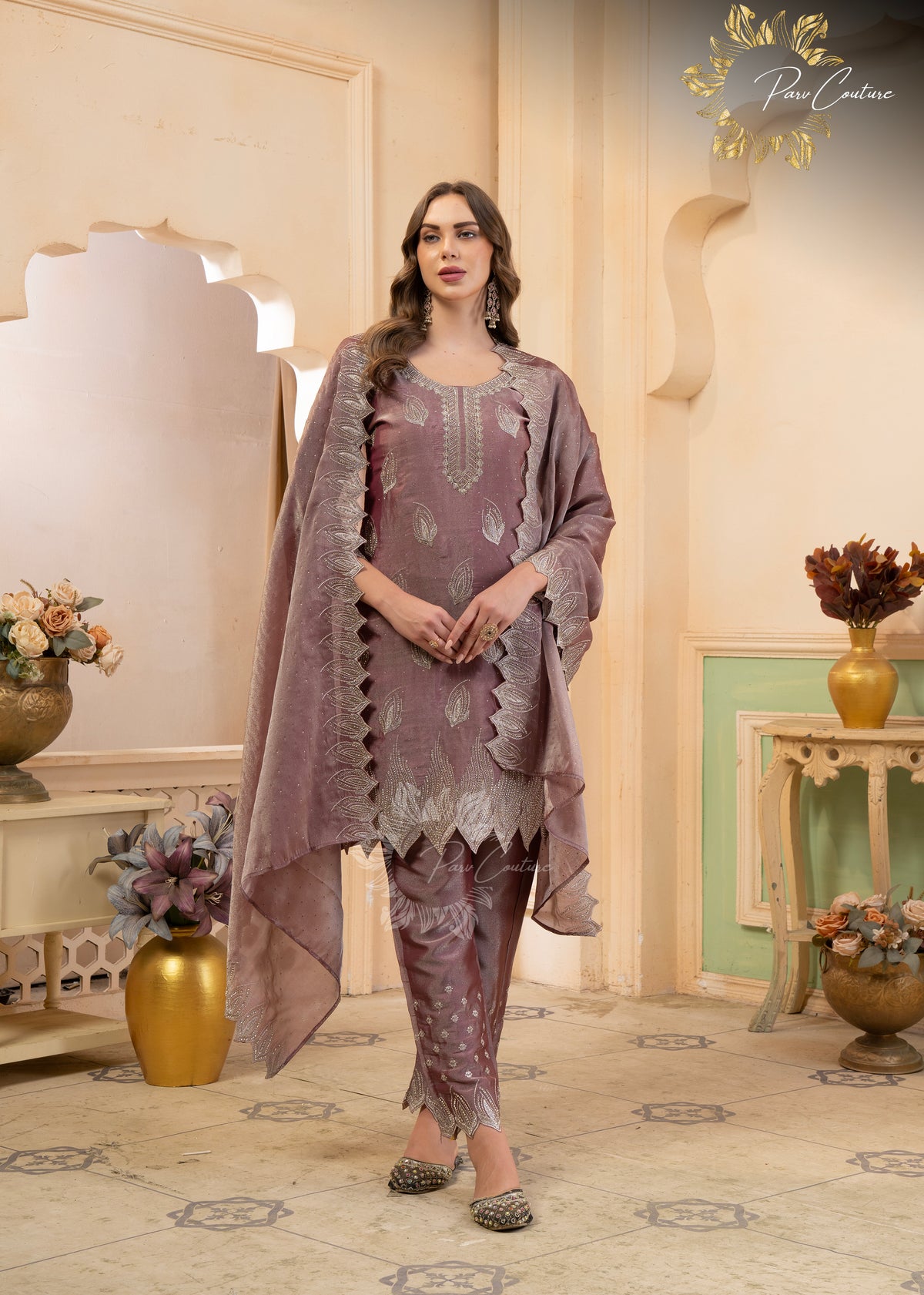 Aaira Mauve & Olive Embroidered Suit