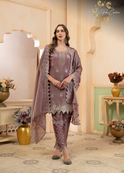 Aaira Mauve & Olive Embroidered Suit